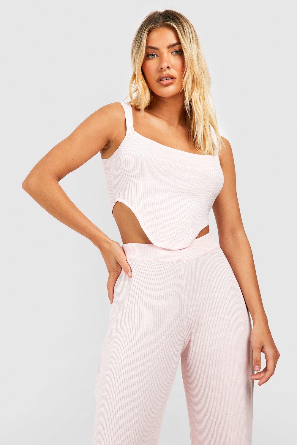 Rib Knit Curved Hem Corset Crop Top And Wide Leg Pants | boohoo